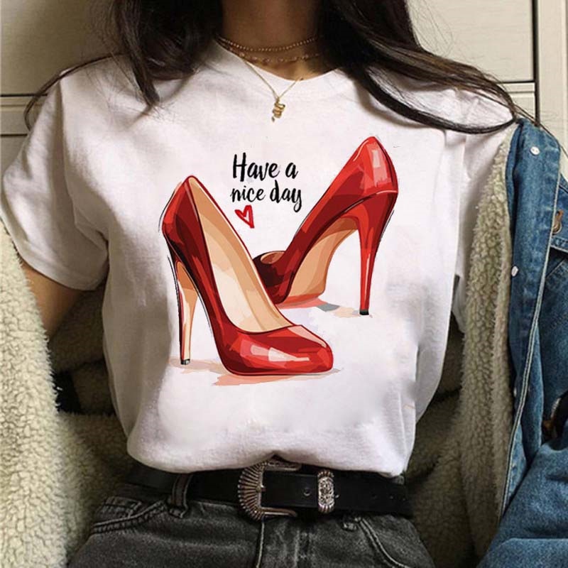 Women High Heels Shoes Print T Shirt