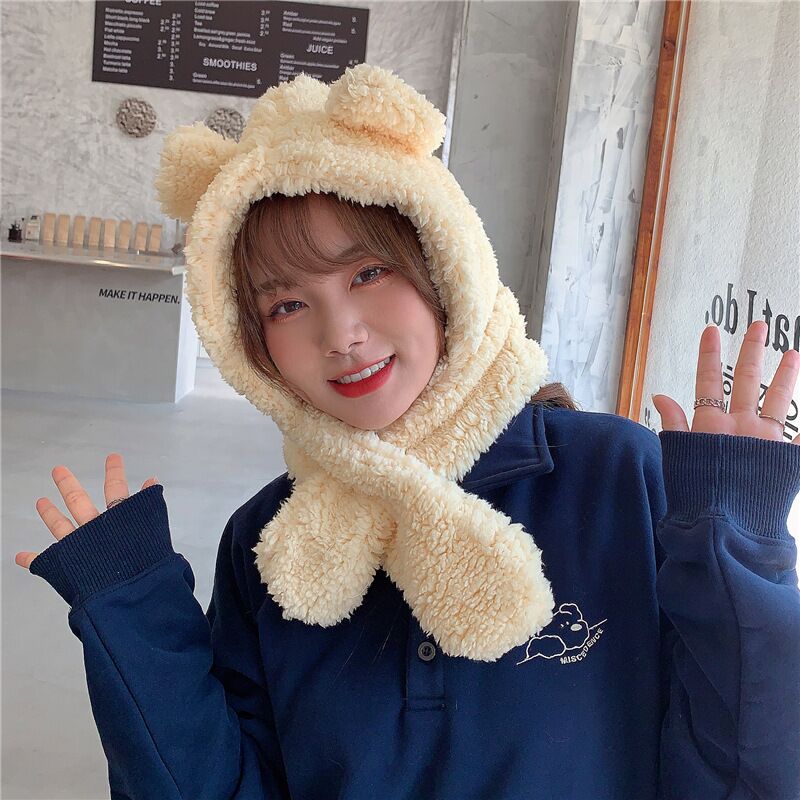 Cartoon Bear Ear Lamb Beanie Hat with Mask Warm Winter Thickened Ear Protection for Women Scarf03 / 56-58cm