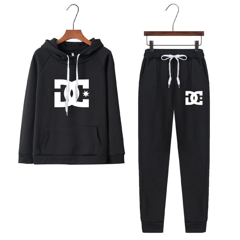 Women New DC Printed Tracksuit Solid Color Sports Style Hooded 2PCS Sets