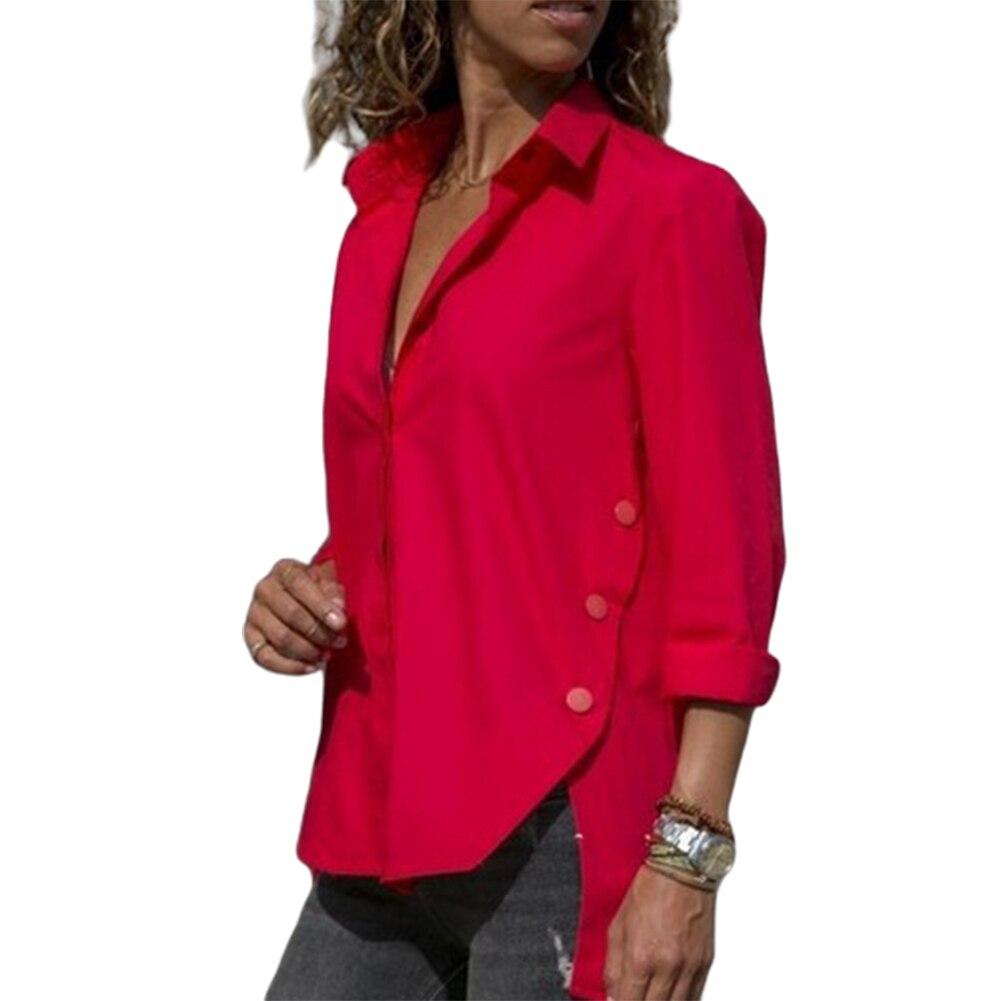 Women Long Sleeve Shirts Turn Down Collar Side Slit Hem Buttoned