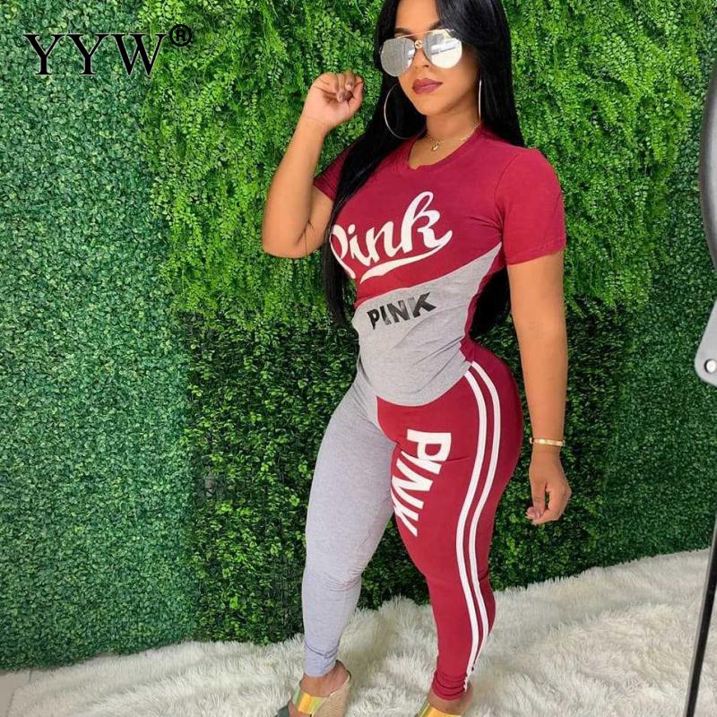 Women New Pink Letter Print Two Piece Sets Tracksuit