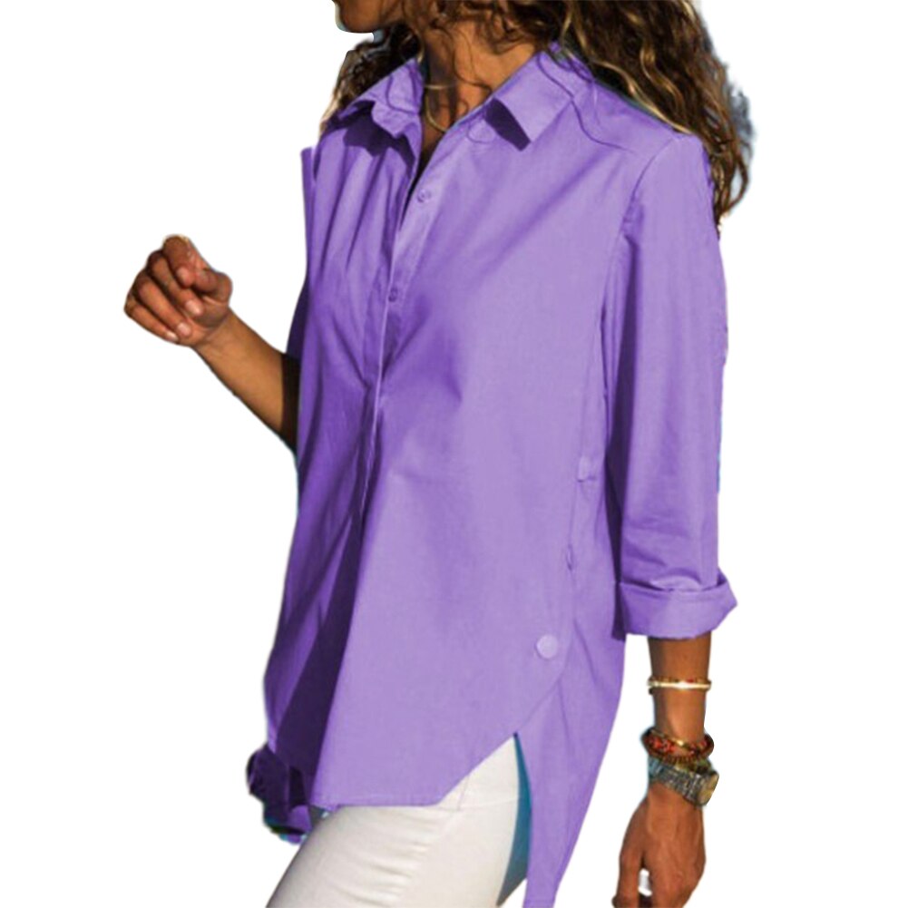 Women Long Sleeve Shirts Turn Down Collar Side Slit Hem Buttoned