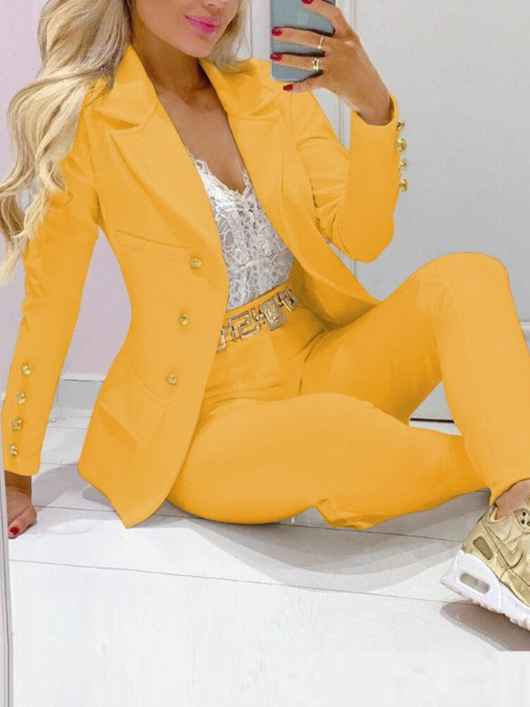 Women New Two Pieces Set Formal Long Sleeve Jacket and Trousers