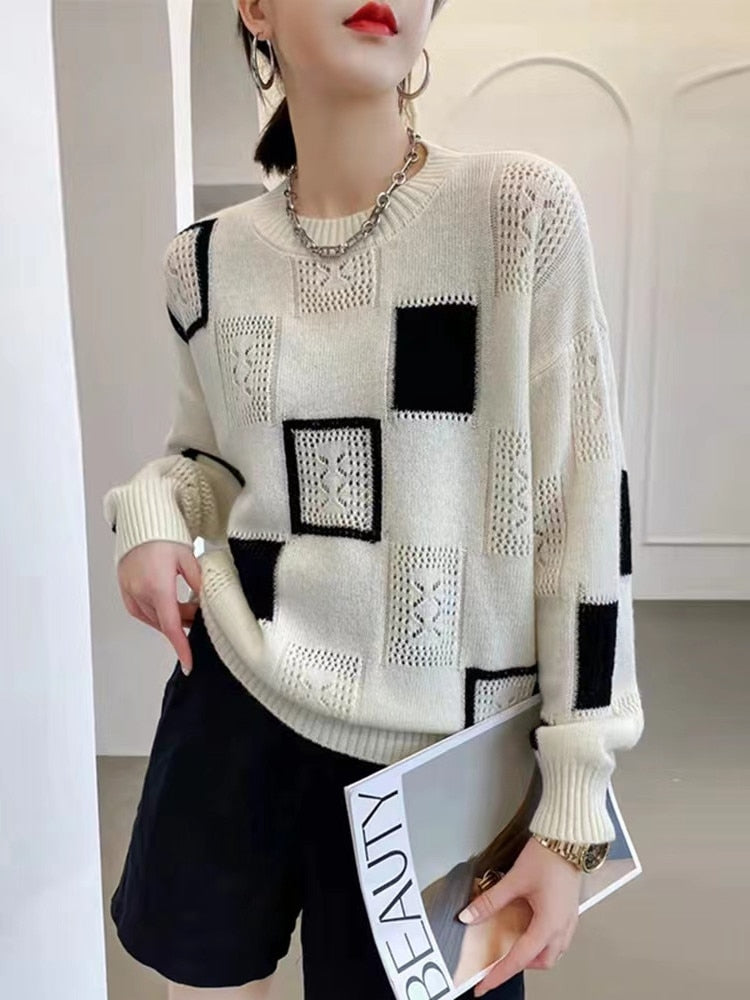 Women Tops Oversized Sweater New Color block Plaid Knitted Pullovers