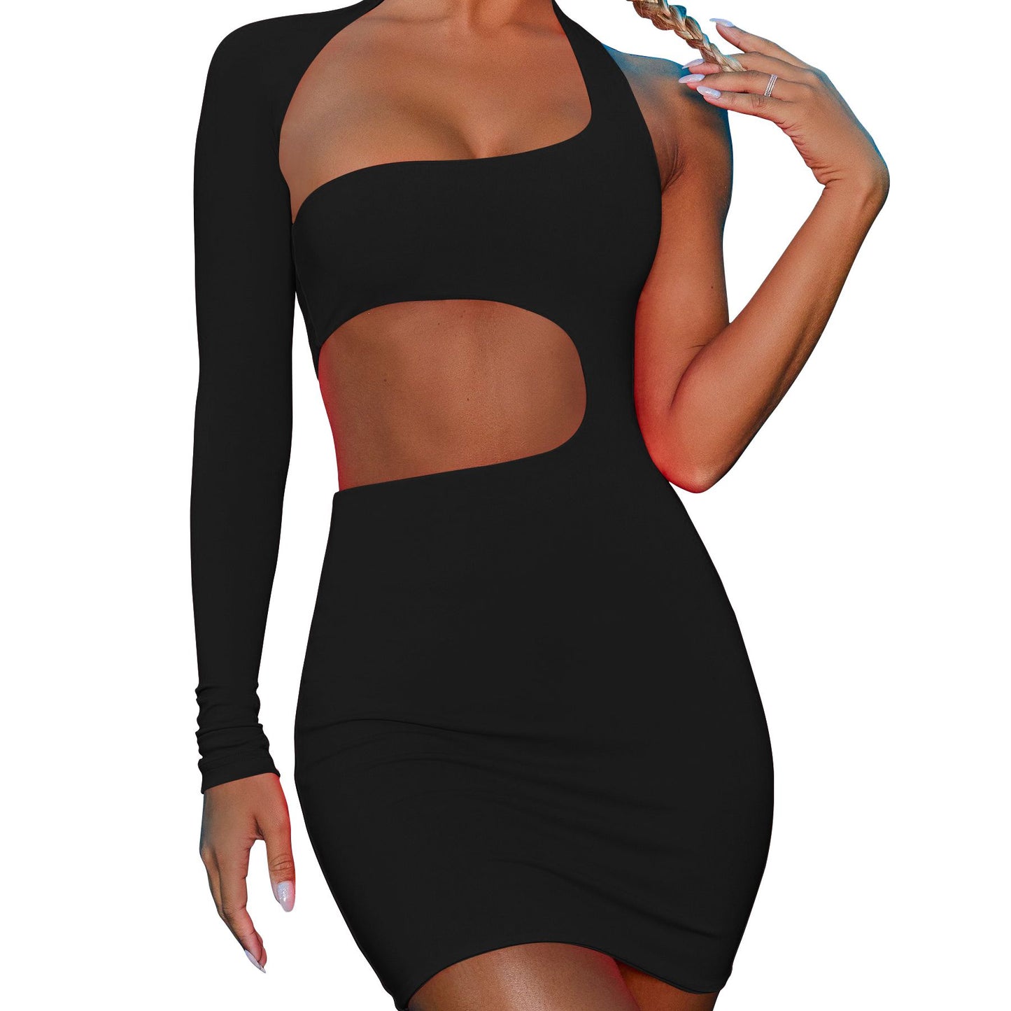 Women hollow off one shoulder long sleeve high waist bodycon mini dress