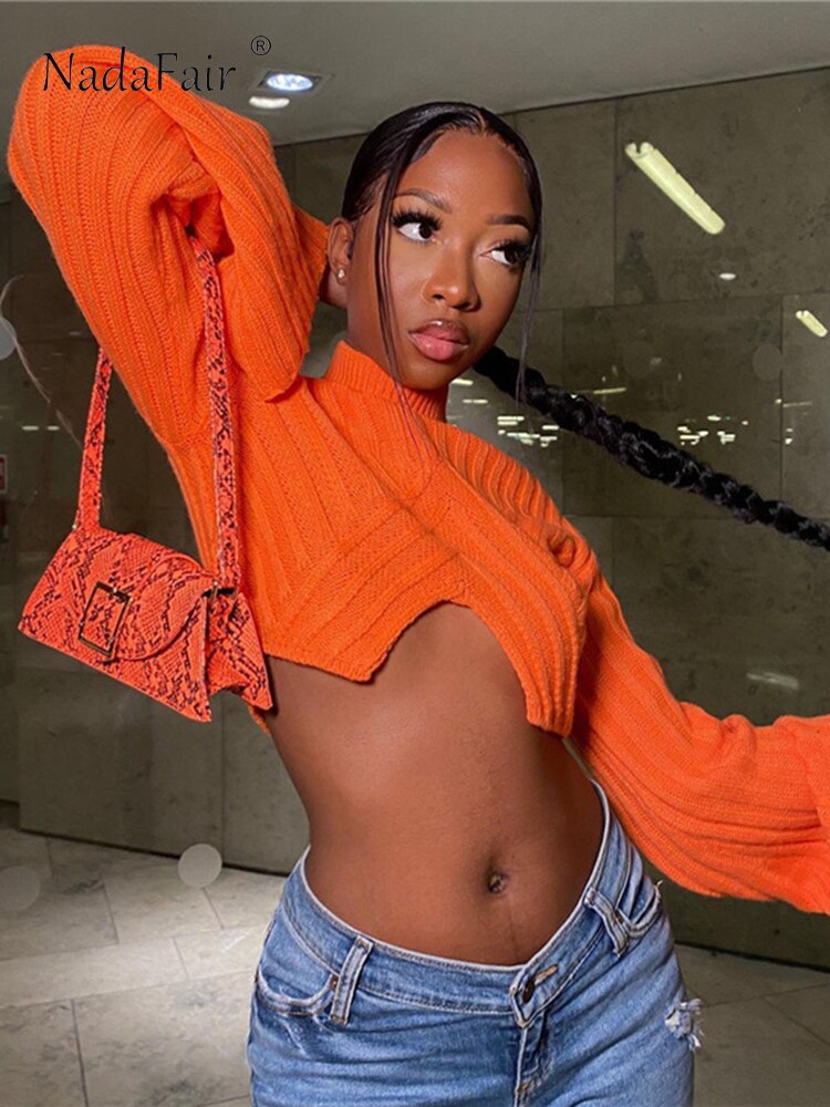 Women Turtleneck Knitted Orange Crop Top