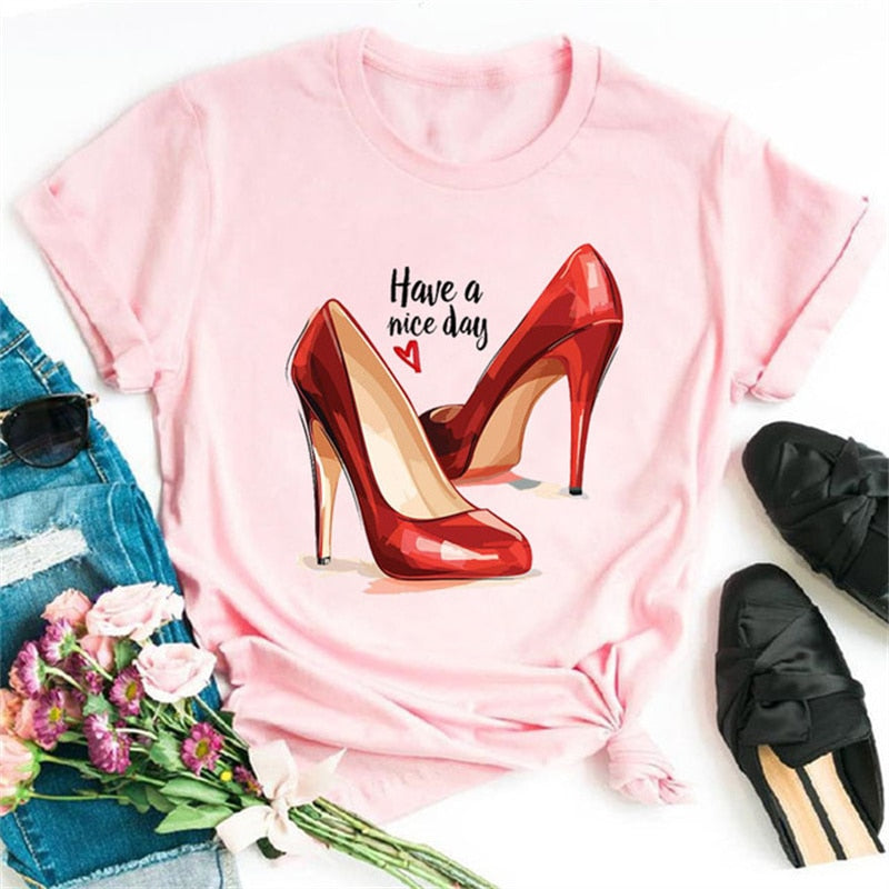 Women High Heels Shoes Print T Shirt