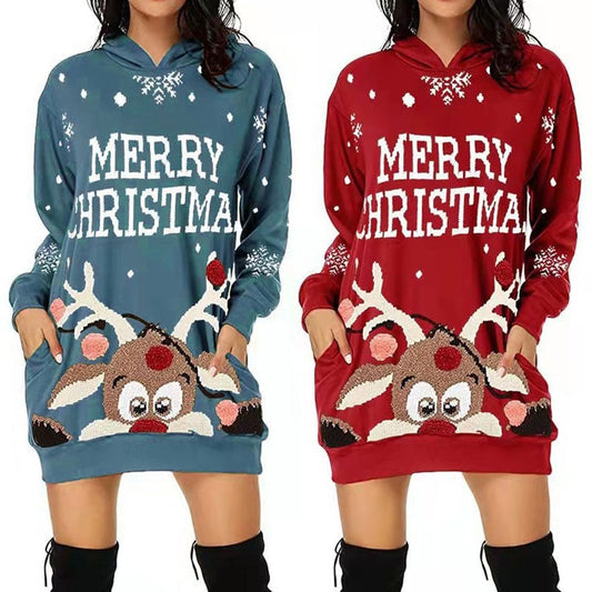 Women Christmas Warm Long Sleeve Elf Printed Hoodie Sweatshirts