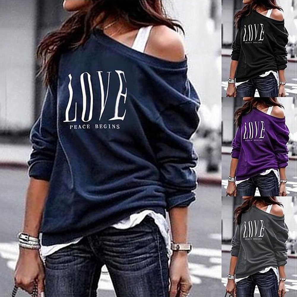 Women One Off Shoulder LOVE Letters Print Sweatshirt