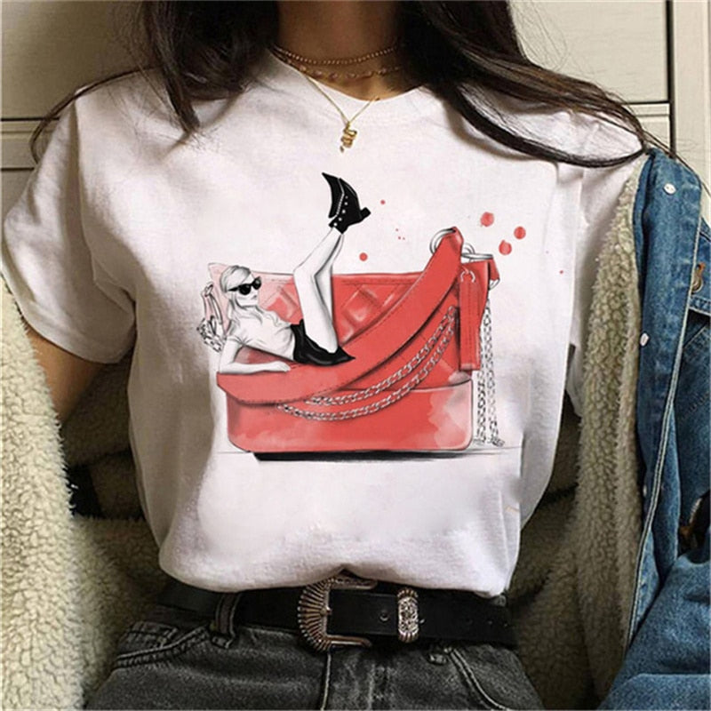 Women High Heels Shoes Print T Shirt