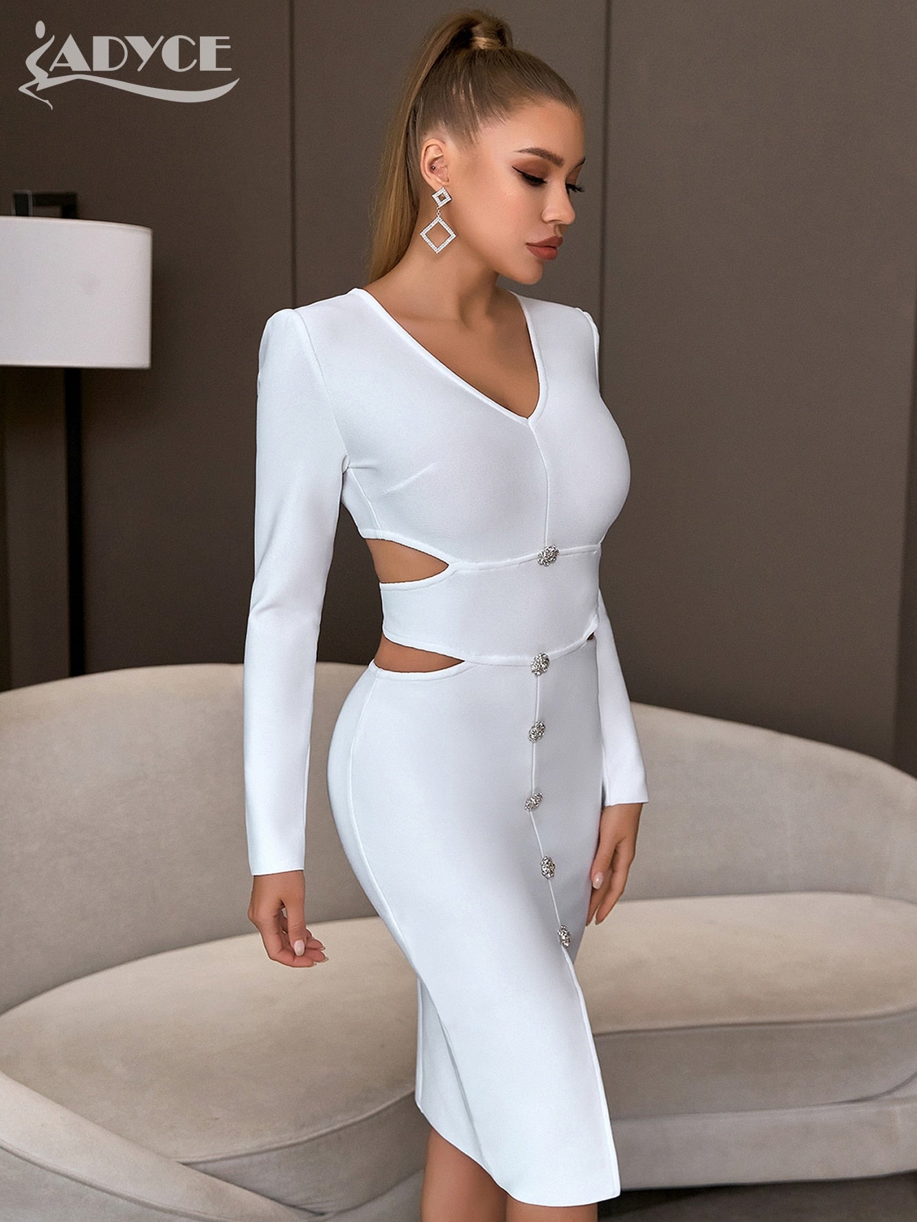 Women Winter Long Sleeve Dress Hollow Out Backless Evening Celebrity Party Dresses