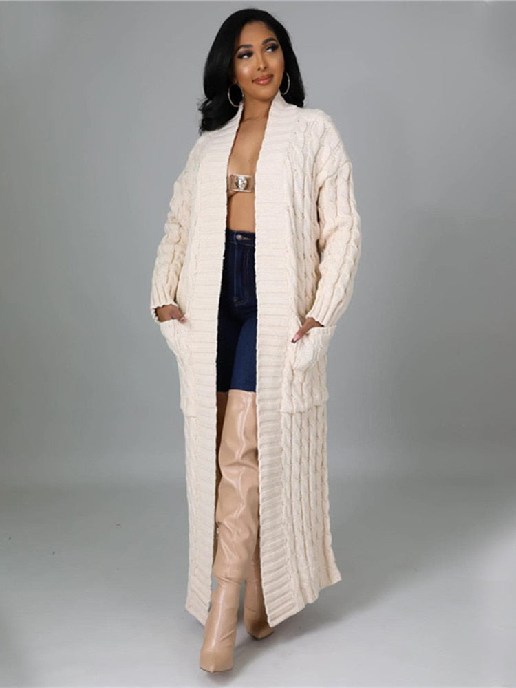 Women Warm Knitted Long Cardigan Sweater Coat With Pockets