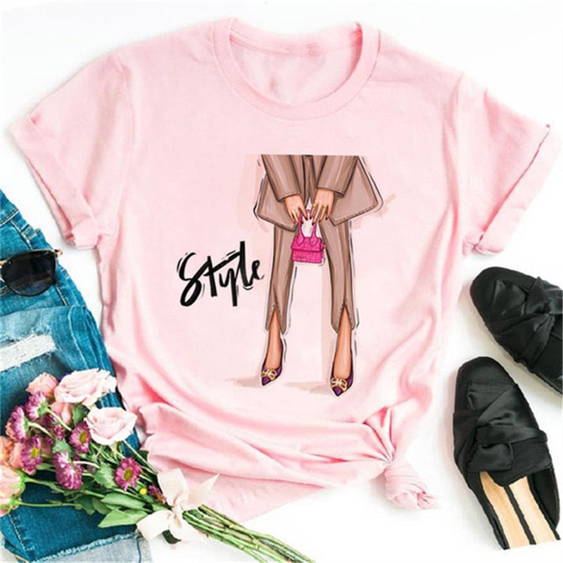 Women High Heels Shoes Print T Shirt