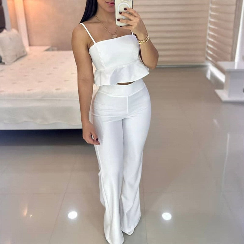 Women Elegant Sleeveless Ruffle Blouse and Straight Pants Set