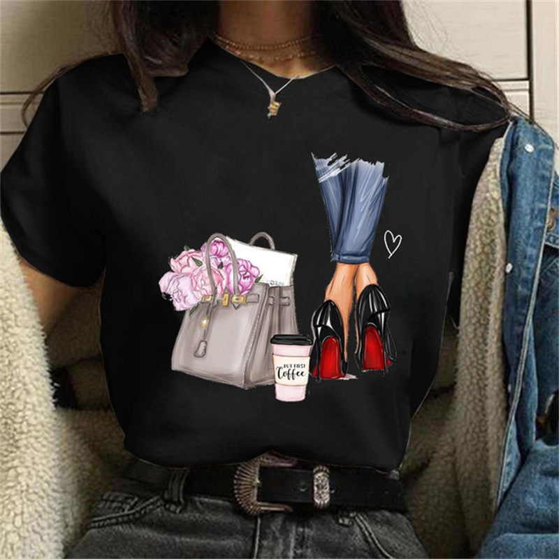 Women High Heels Shoes Print T Shirt