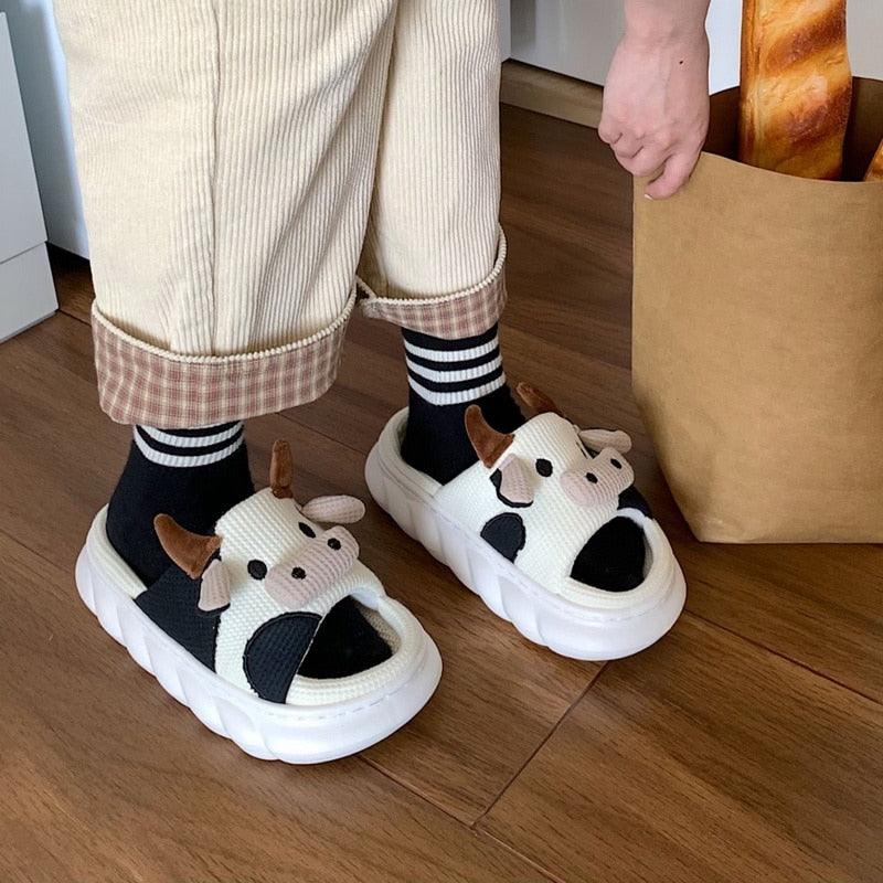 Woman Cartoon Milk Cow House Funny Slippers Shoes