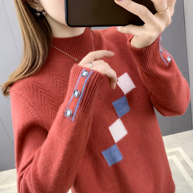 Women Half High Collar Knitted Button Sweater Women New Oversized Casual Pullovers