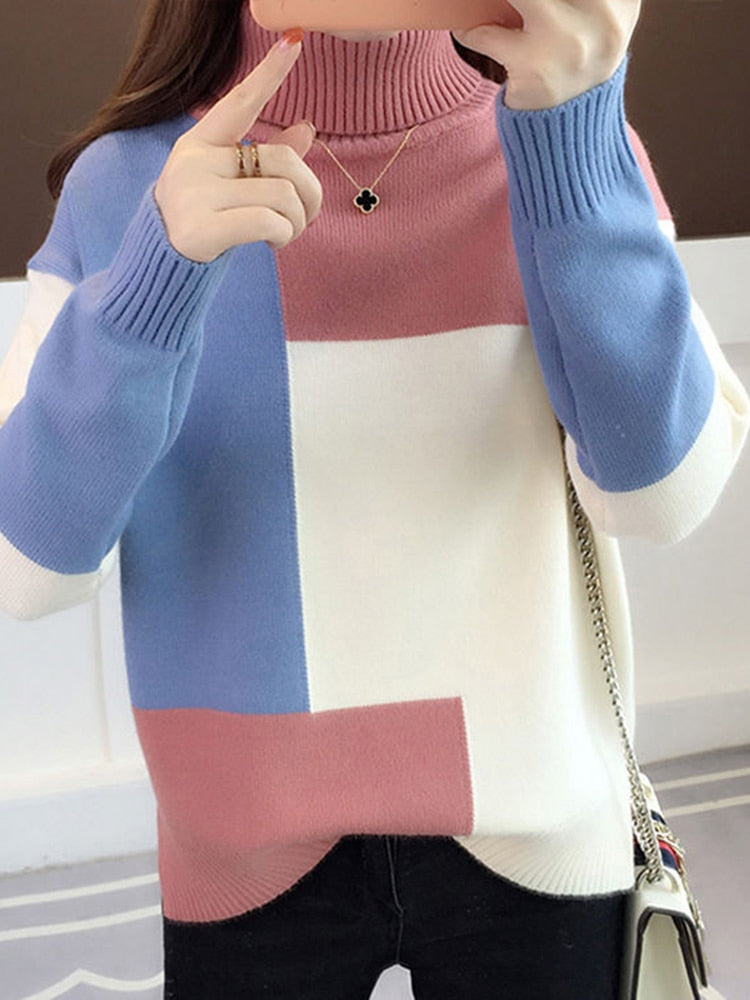 Women Patchwork Pullover Knitted Long Sleeve Sweater