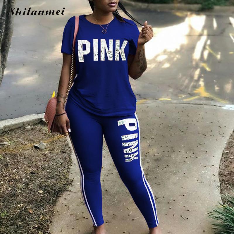 Women New Pink Letter Print Two Piece Sets Tracksuit