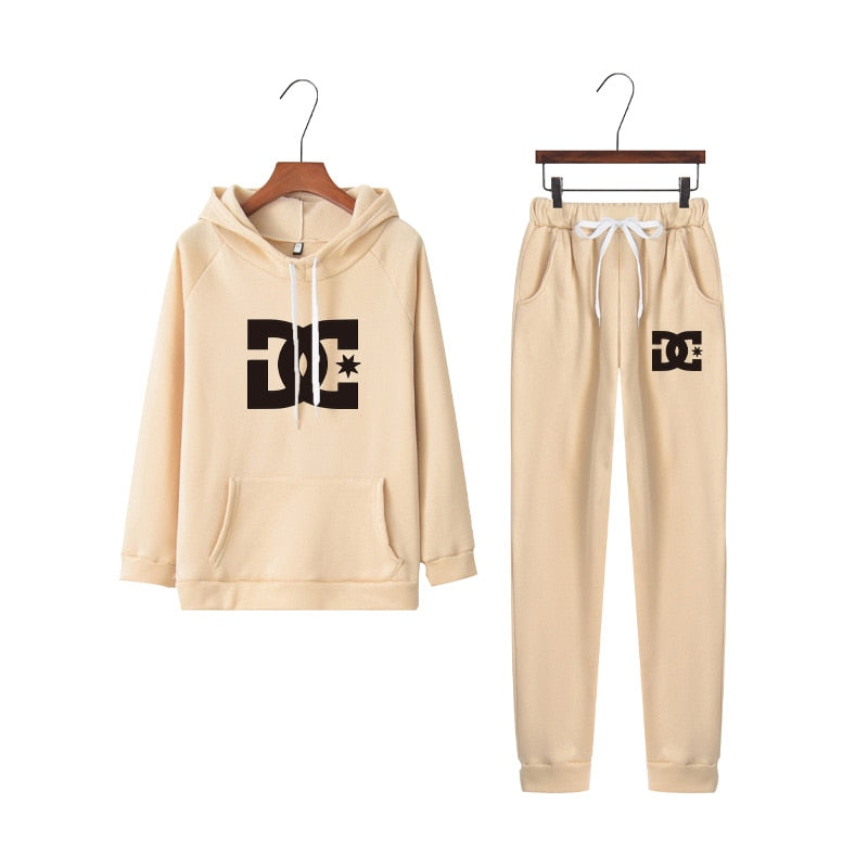 Women New DC Printed Tracksuit Solid Color Sports Style Hooded 2PCS Sets