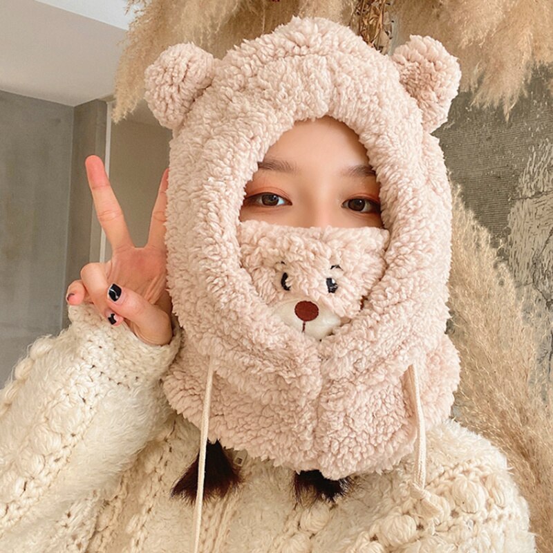 Cartoon Bear Ear Lamb Beanie Hat with Mask Warm Winter Thickened Ear Protection for Women Scarf03 / 56-58cm