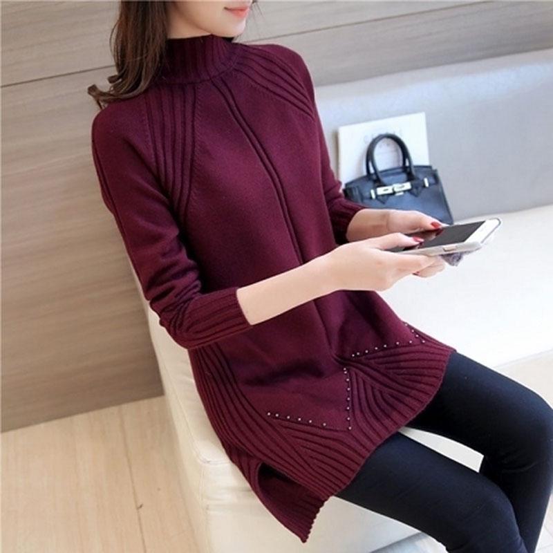 Women Winter Thick Loose Mid-Length Sweater Beaded Knitted Half-high Neck Long Sleeve Pullover