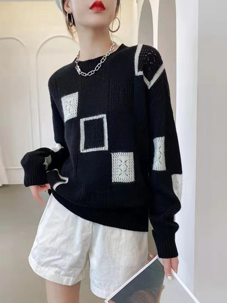 Women Tops Oversized Sweater New Color block Plaid Knitted Pullovers