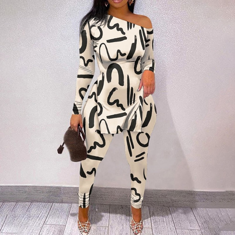 New Women Elegant Two Piece Face Printing Long Sleeve Shirt and Pants Set