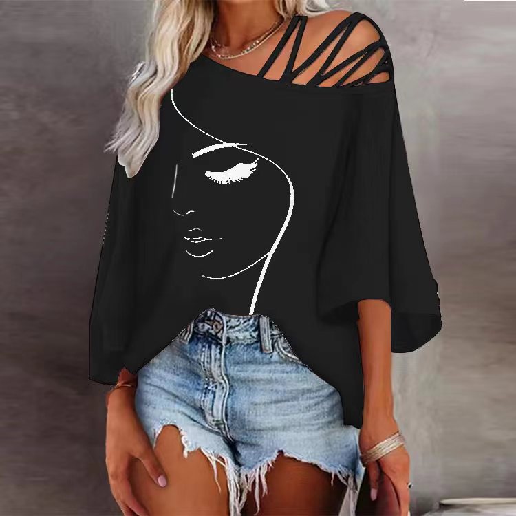 Women Spring Face Abstract Print Off Shoulder Loose Casual Shirt