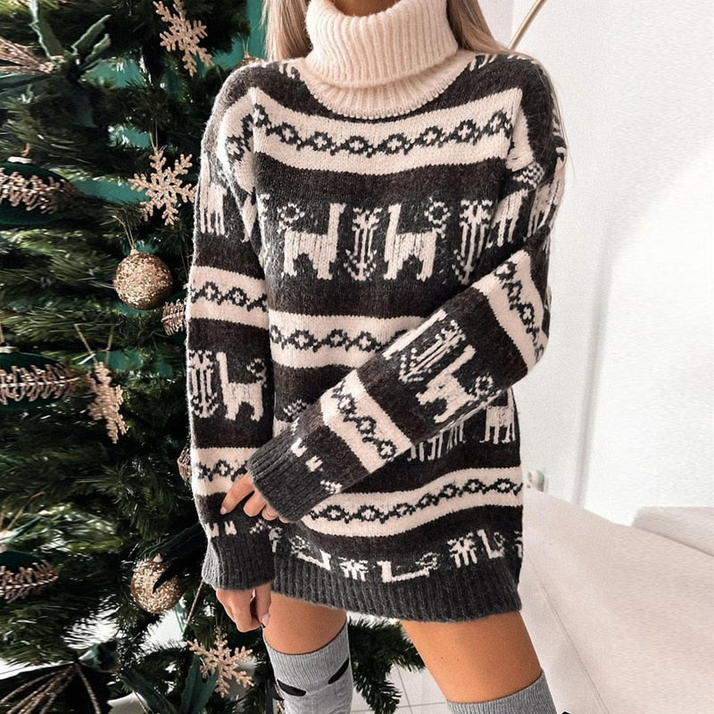 Women Christmas Knitted Print Long Sleeve Loose Turtleneck Pullover Sweater Dress