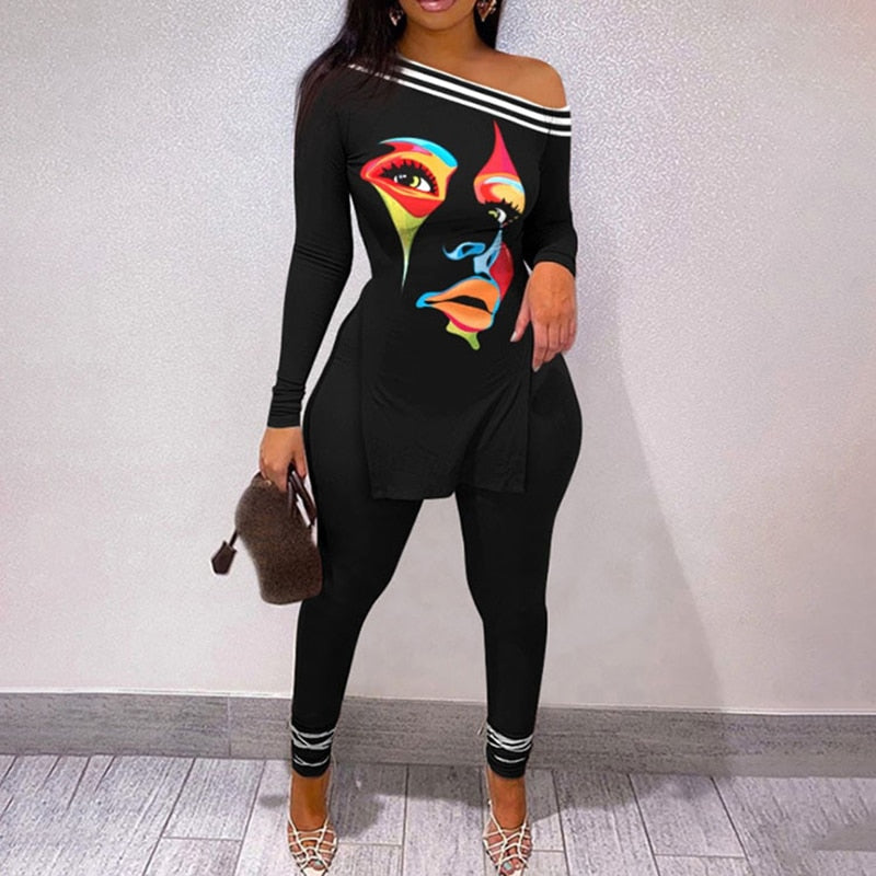 New Women Elegant Two Piece Face Printing Long Sleeve Shirt and Pants Set