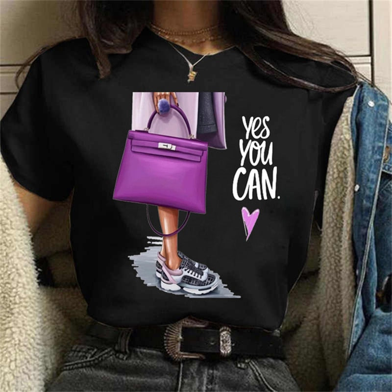 Women High Heels Shoes Print T Shirt