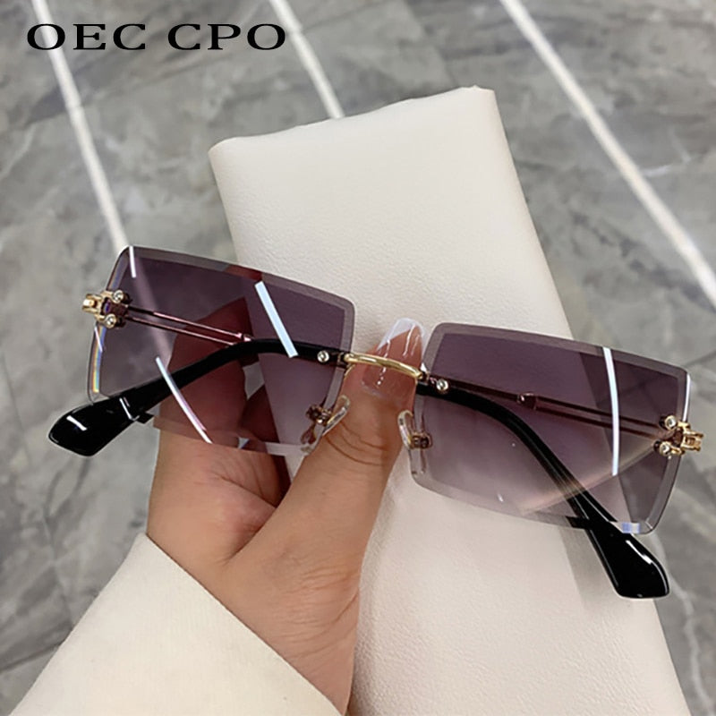 Women Rimless Rectangle Sunglasses UV400