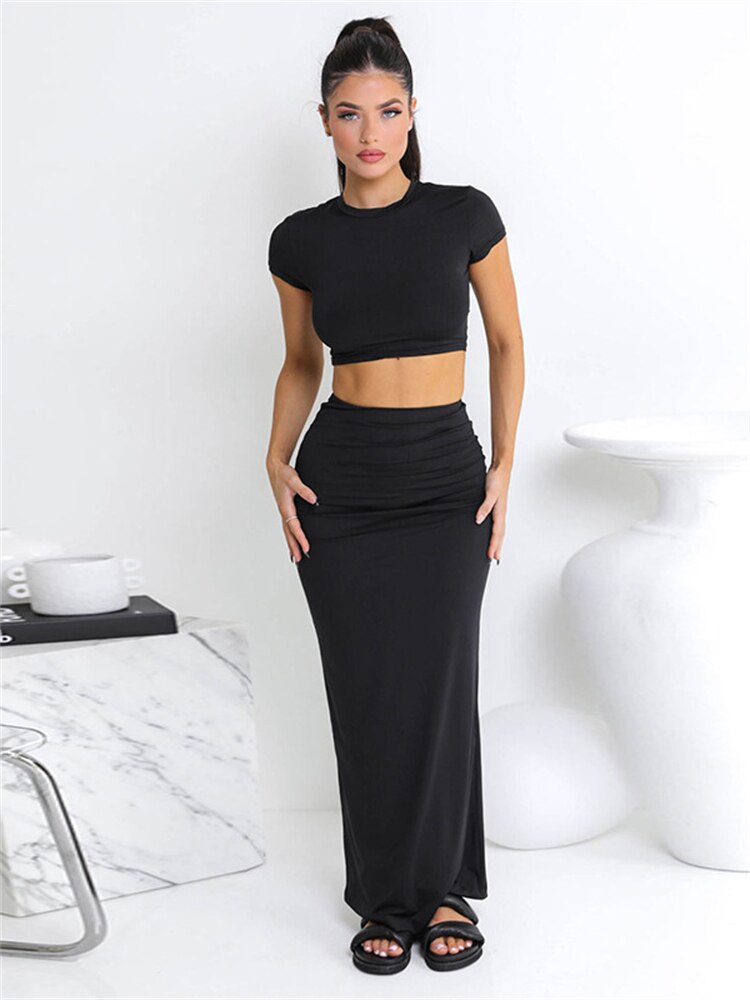 Women New Solid Crop Top and Skirt Sets