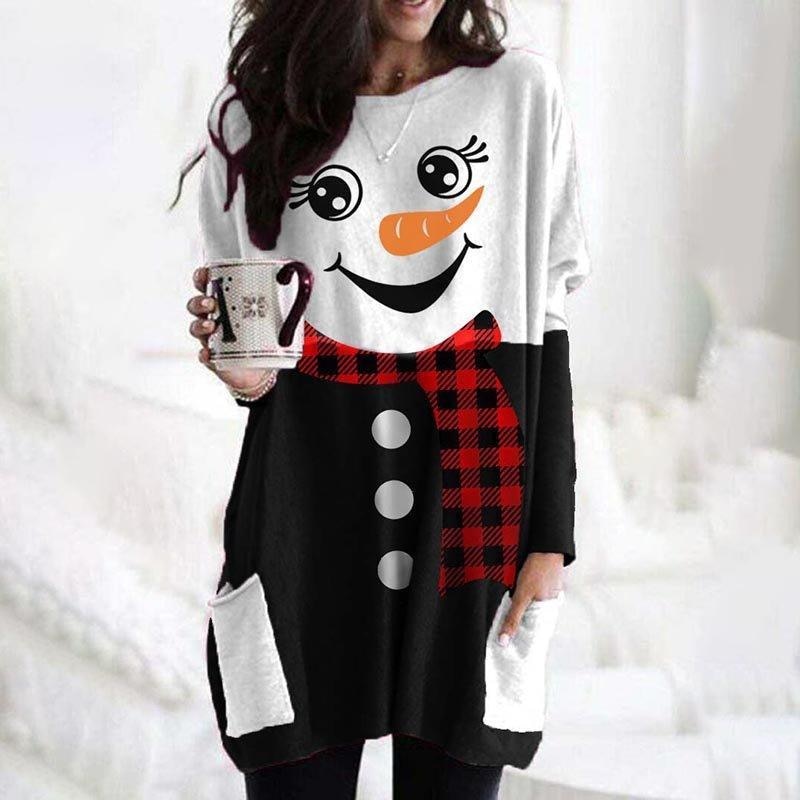 Women New Christmas Print Pocket Long Crew Neck Shirt