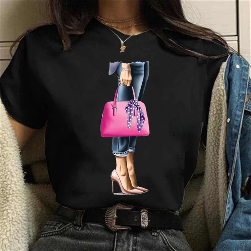 Women High Heels Shoes Print T Shirt