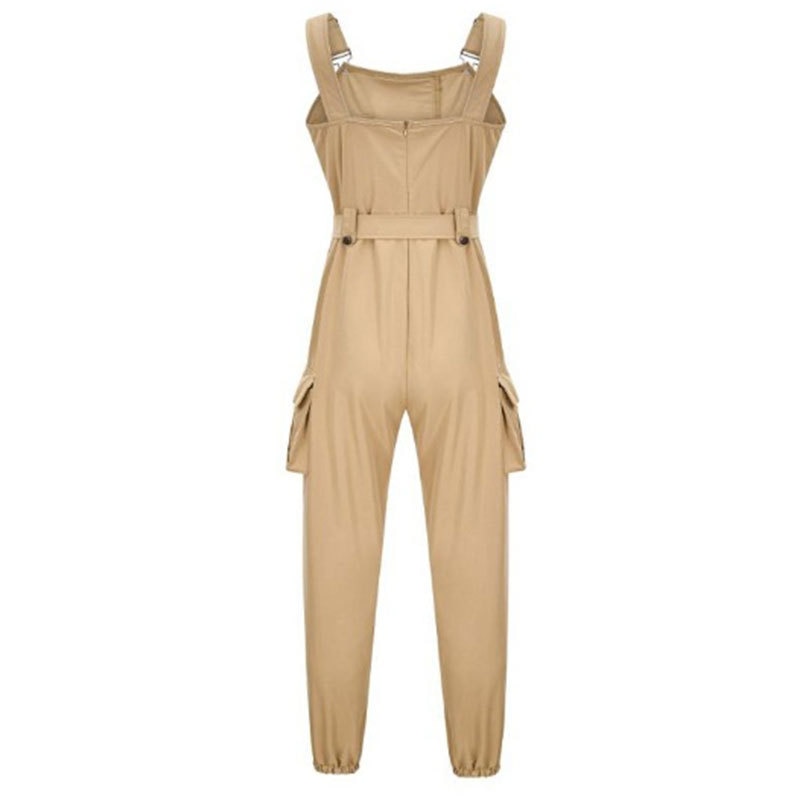 Women Casual Jumpsuit Sleeveless Pocket Belt Bib Overalls