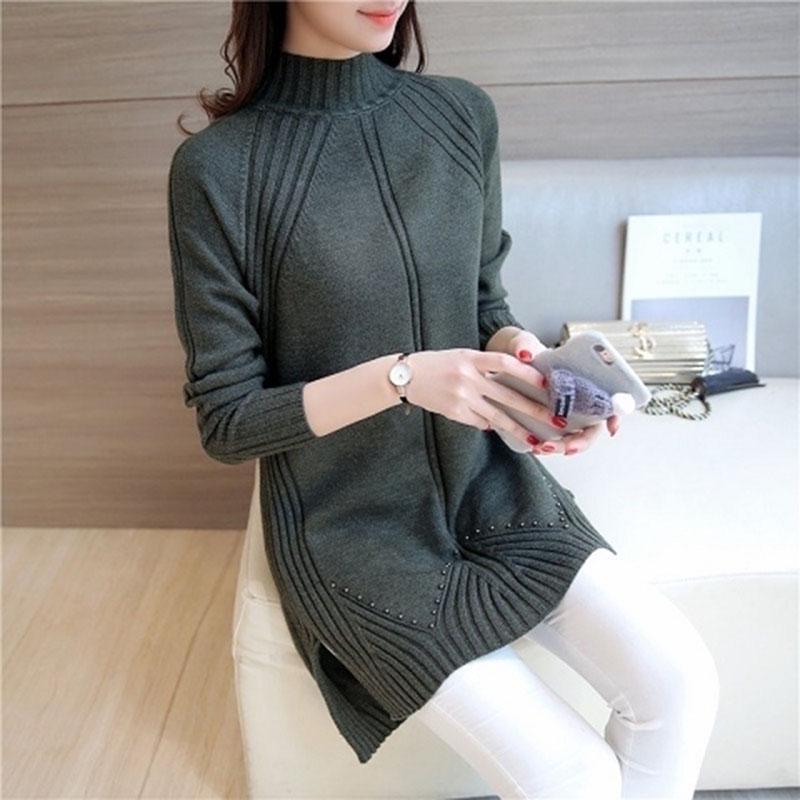 Women Winter Thick Loose Mid-Length Sweater Beaded Knitted Half-high Neck Long Sleeve Pullover