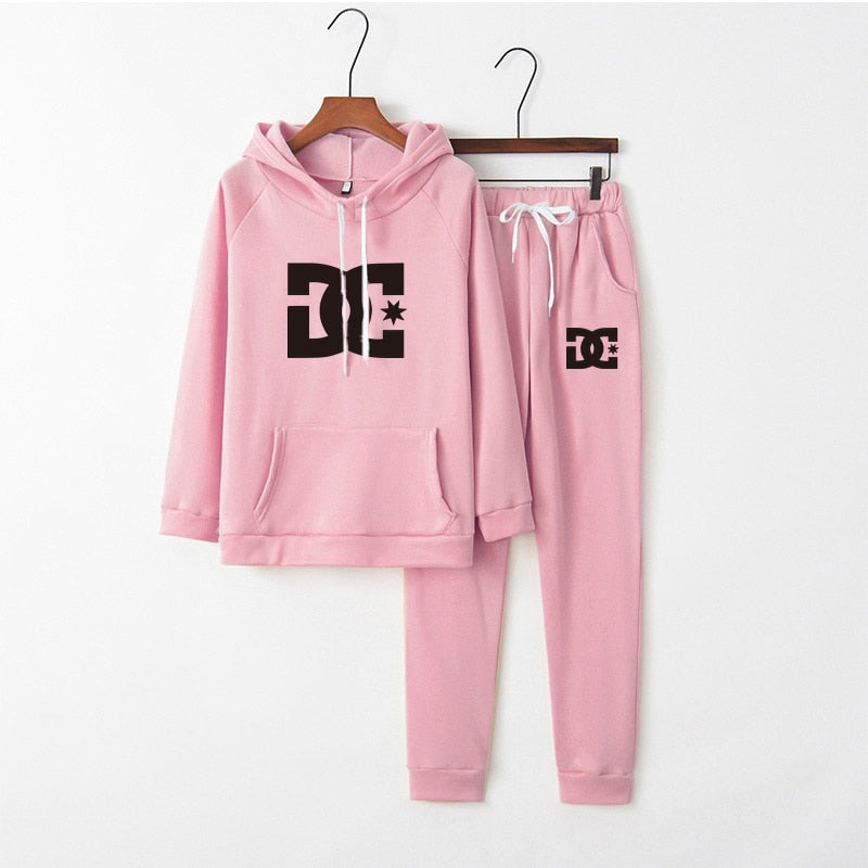 Women New DC Printed Tracksuit Solid Color Sports Style Hooded 2PCS Sets