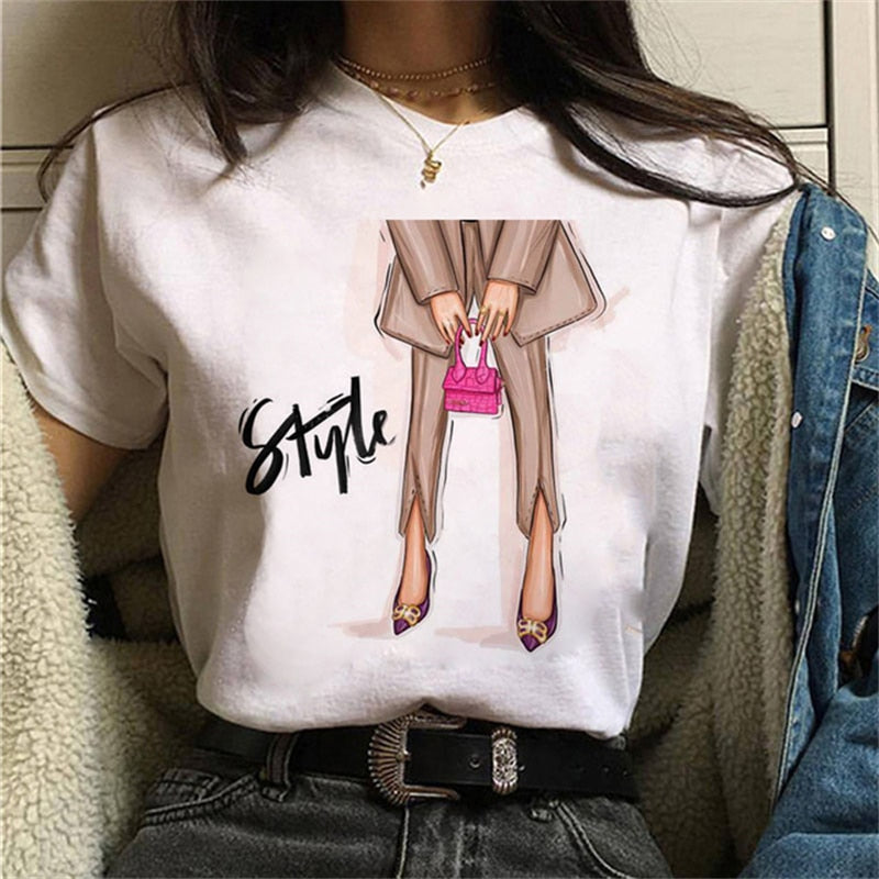 Women High Heels Shoes Print T Shirt