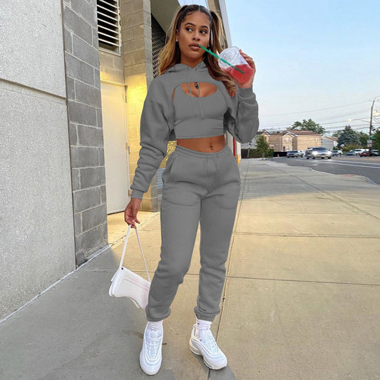 Women Winter Fleece Tracksuit Long-sleeved Hoodie Short Vest