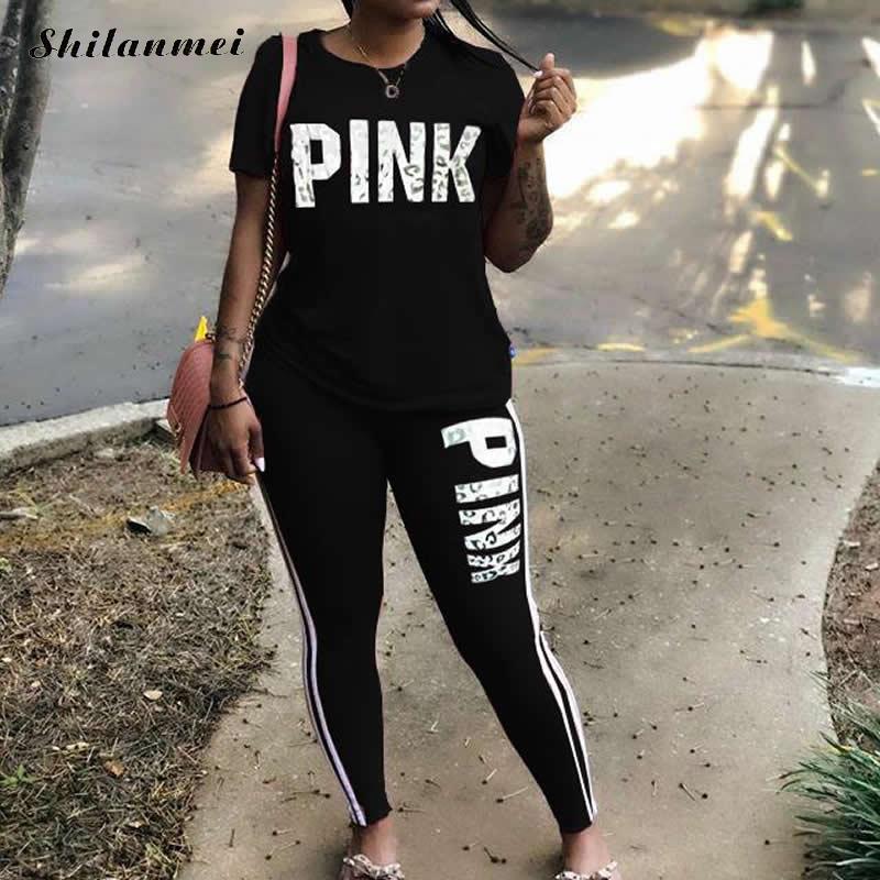 Women New Pink Letter Print Two Piece Sets Tracksuit