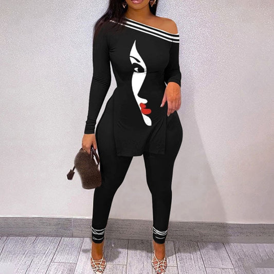 New Women Elegant Two Piece Face Printing Long Sleeve Shirt and Pants Set