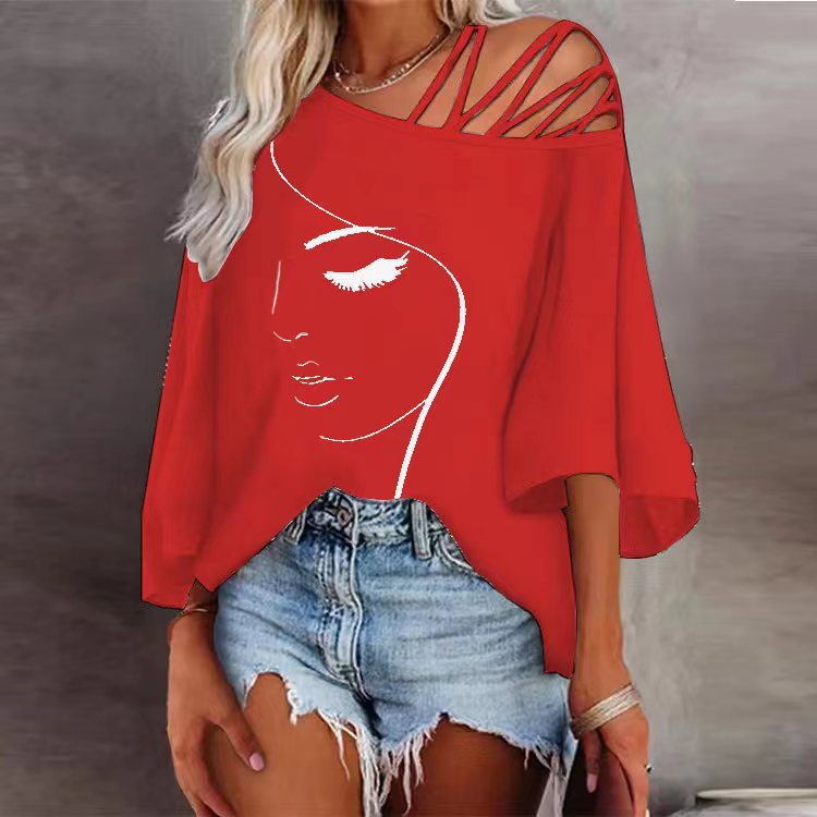 Women Spring Face Abstract Print Off Shoulder Loose Casual Shirt