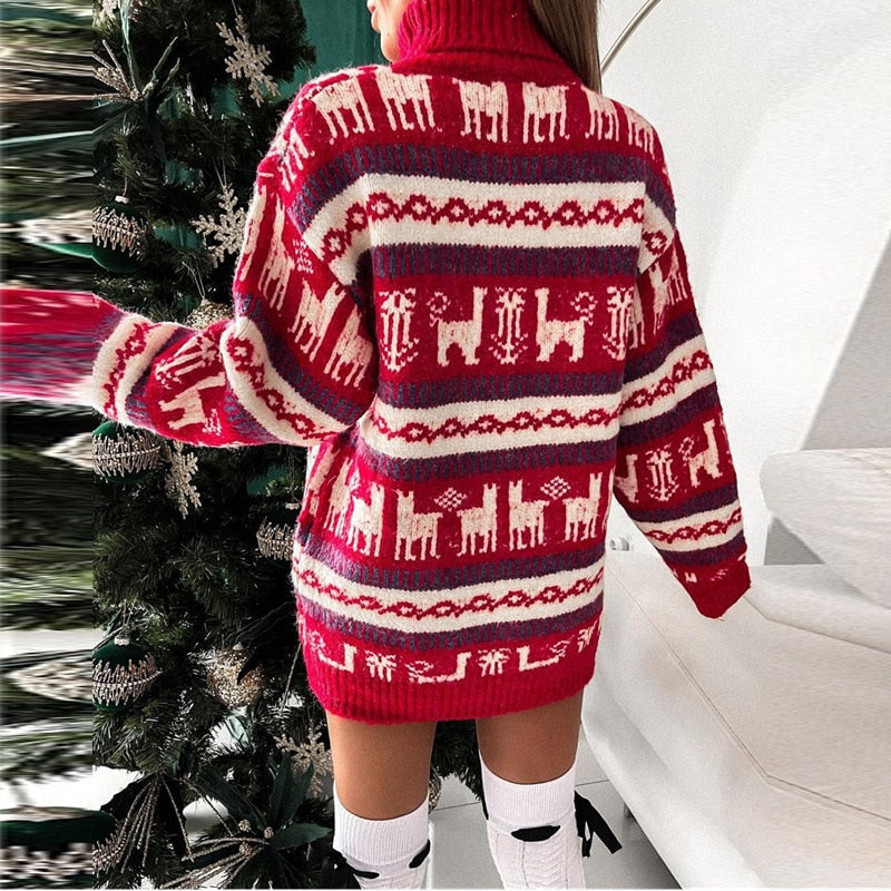 Women Christmas Knitted Print Long Sleeve Loose Turtleneck Pullover Sweater Dress