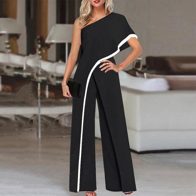 Women Elegant Solid One Shoulder Jumpsuits