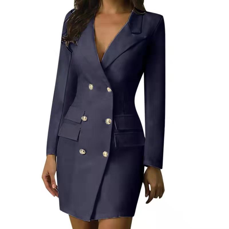 Women Elegant Blazer Double Breasted Long Sleeve V-neck Dress