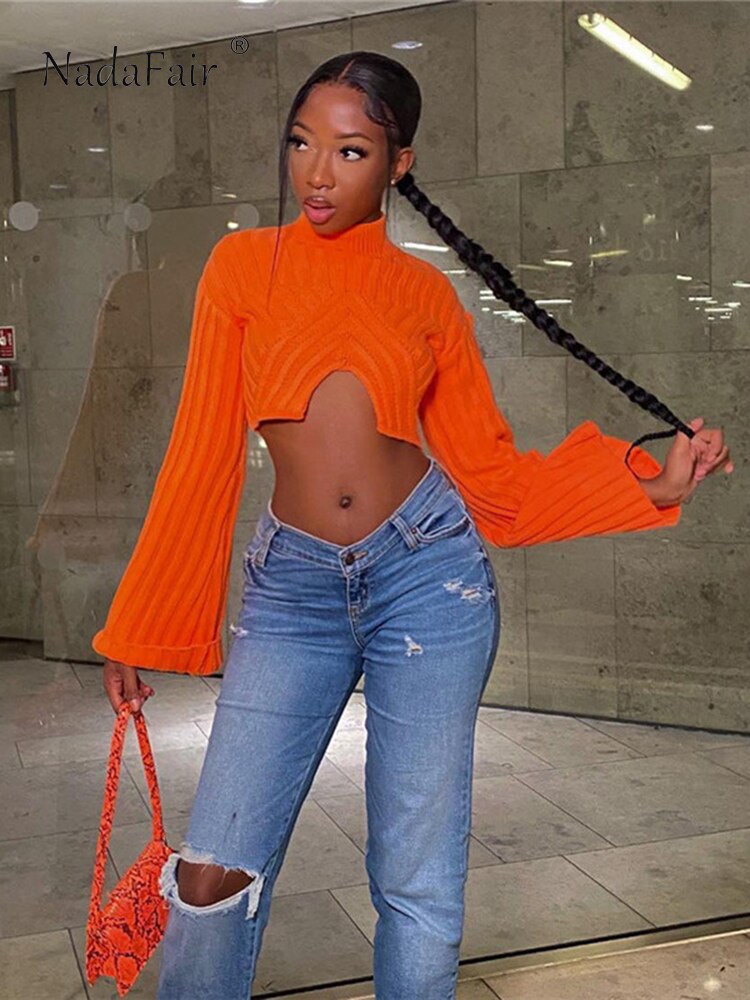 Women Turtleneck Knitted Orange Crop Top