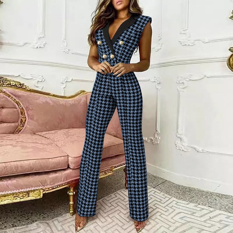 Women Spring V Neck Double Breasted Button Sleeveless Plaid Print  Jumpsuits