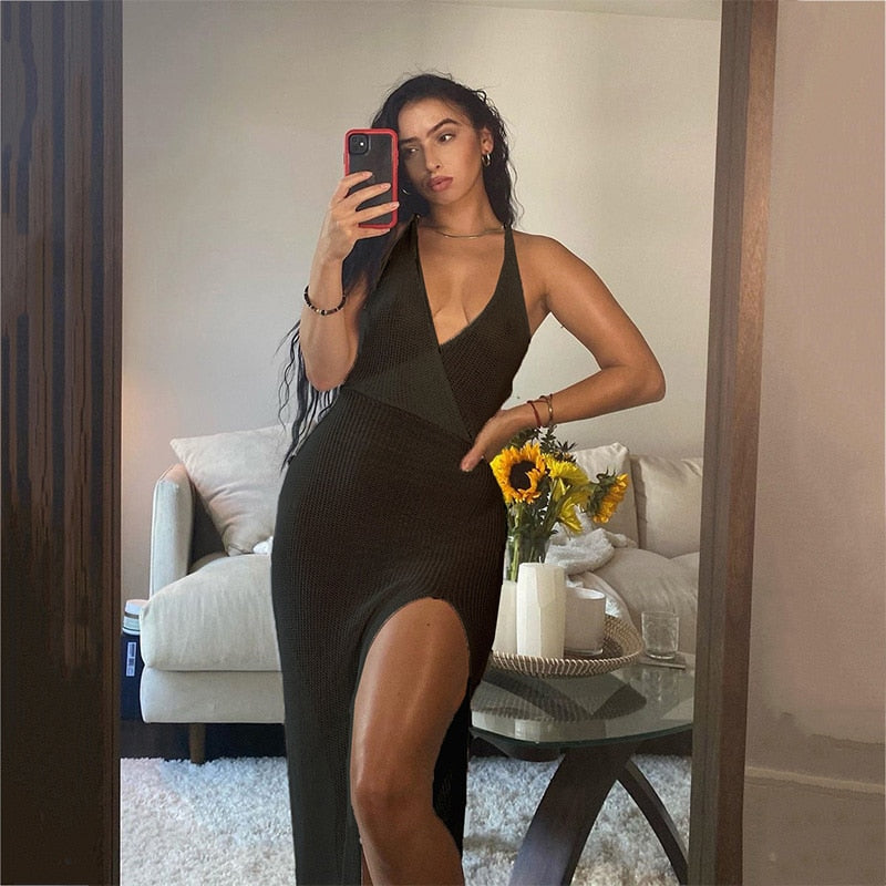 Women New Crochet Beach Maxi Dress  See Through Bikini Plunge Backless Bandage Sleeveless Lacing Split Long Dresses